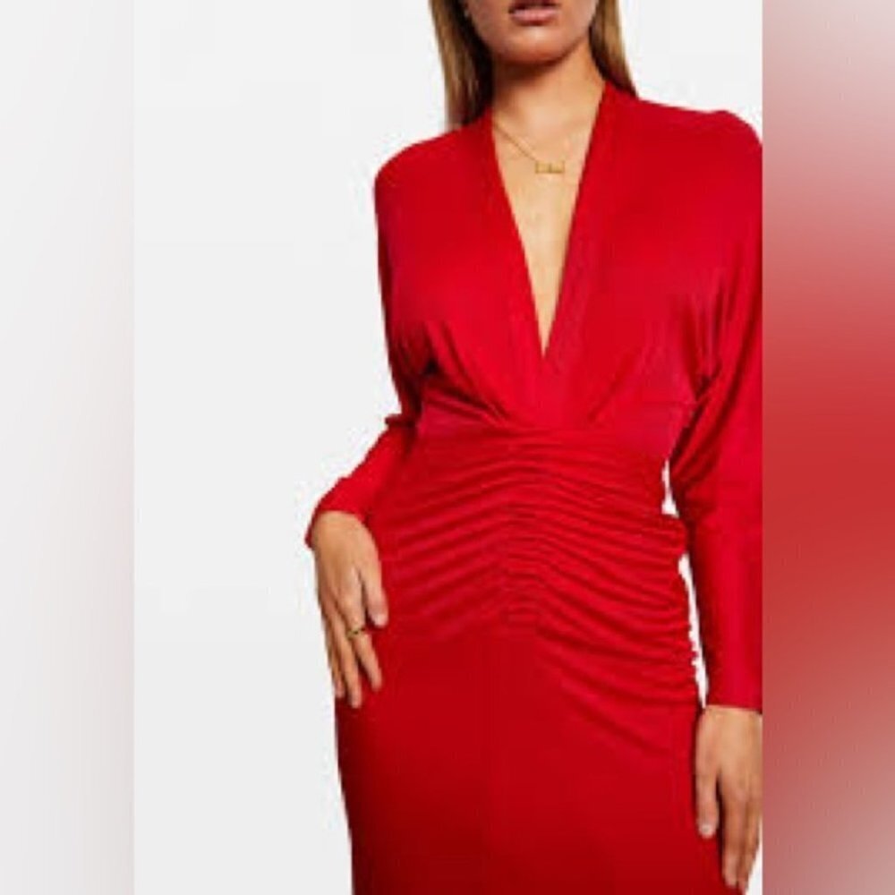 * Selina Red Viscose Crepe Jersey Deep V Neck Ruched Midi Dress Size 4